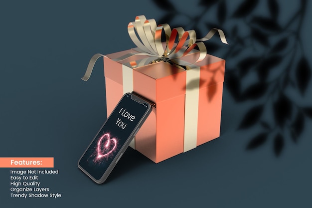 PSD valentin amour boîte cadeau de rendu 3d avec maquette de smartphone