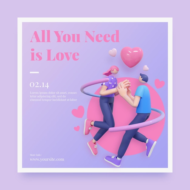 PSD valentine instagram post mit 3d-paarillustration