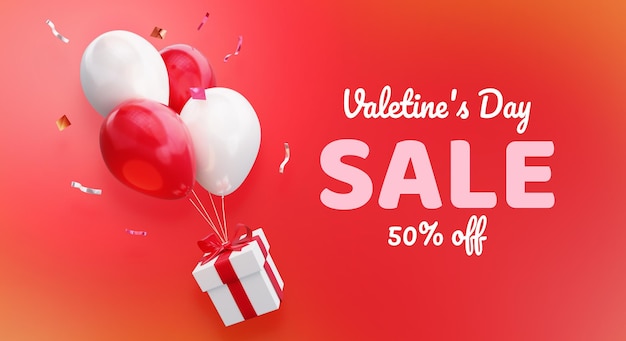 Valentine's day sale 50 off modelo de banner com um presente voador em balões