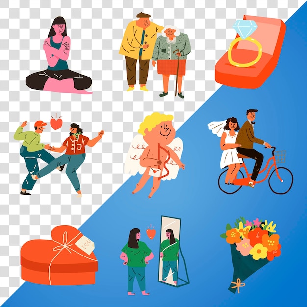Valentine39s doodle png autocollant dessin animé avec concept d'amour sur un fond transparent