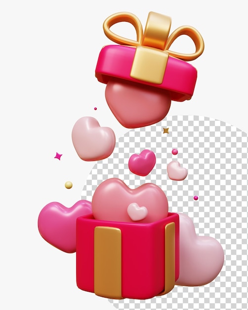PSD valentinstag design realistische geschenkbox öffnung voller form herzen mit dekorativen festlichen objekt element für geburtstag und valentinstag hochzeit überraschung romantische grußkarte 3d-rendering