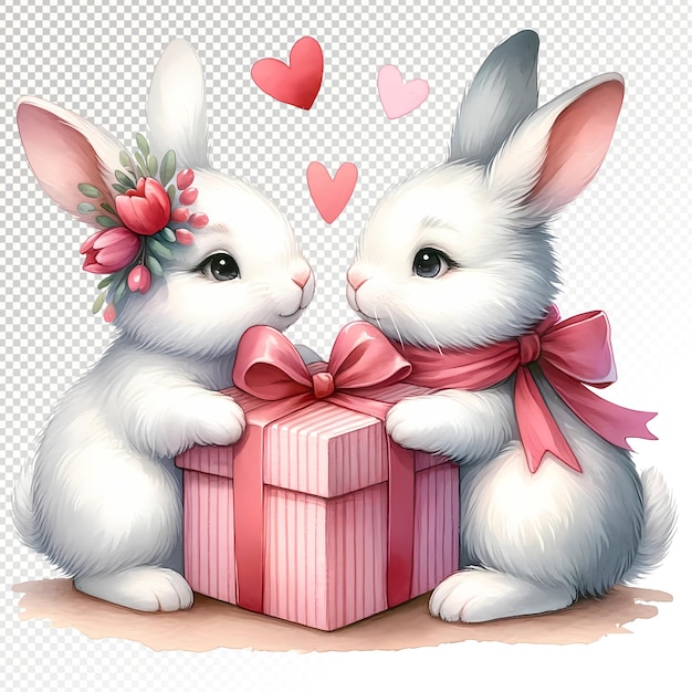 Valentinstag-Hase mit Geschenkbox Clipart Illustrationen Transparenter Hintergrund PSD