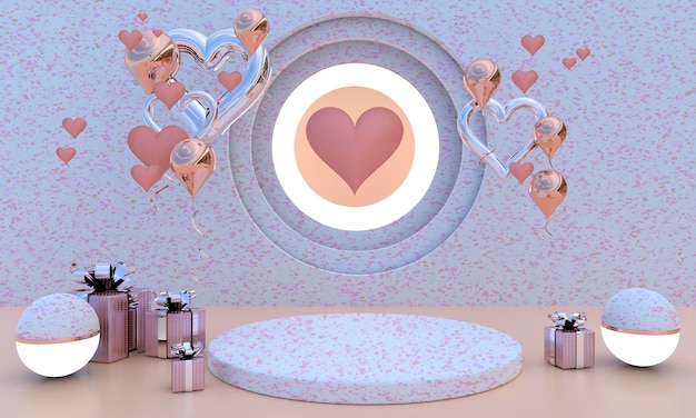 Valentinstag-Interieur mit Sockel, Herzen. Ständer, Podium, Podest für Waren. Liebe Grußkarte. 3D-Rendering.