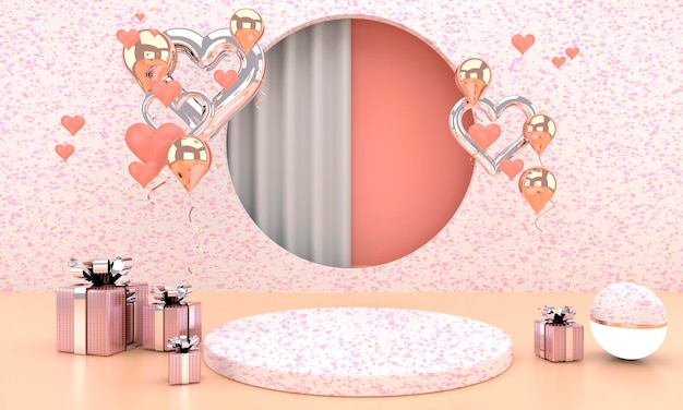 Valentinstag Interieur mit Sockel und Herzen in 3D-Rendering
