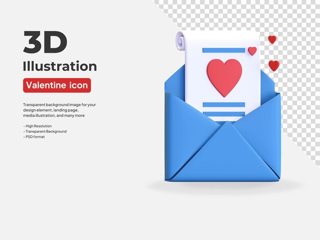 Valentinstag-Mail-Symbol mit Liebesgeschichte-Brief-Herz-Symbol 3D-Render-Illustration