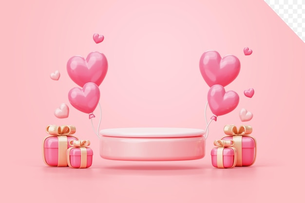 Valentinstag rosa Podium mit Ballonherz und Geschenkbox-Hintergrund 3D-Illustration leere Display-Szenenpräsentation für Produktplatzierung