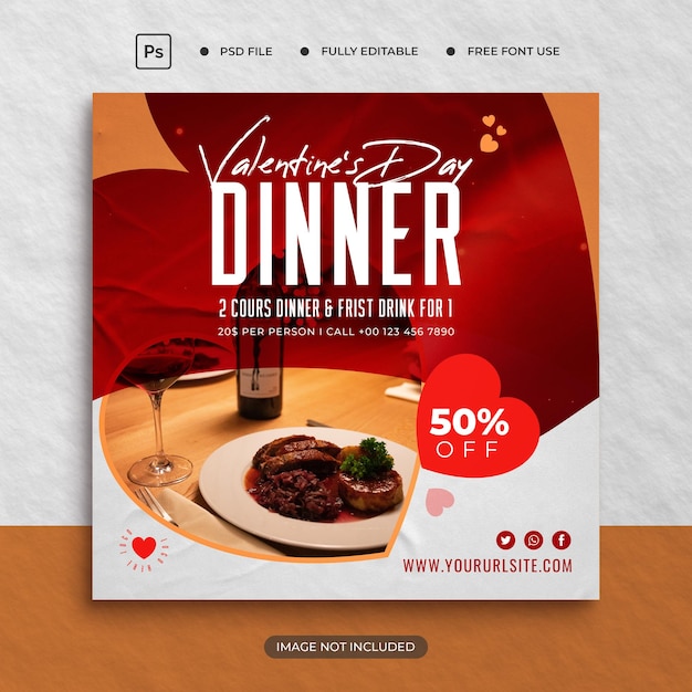 PSD valentinstag-speisekarte und restaurant-social-media-banner-vorlage