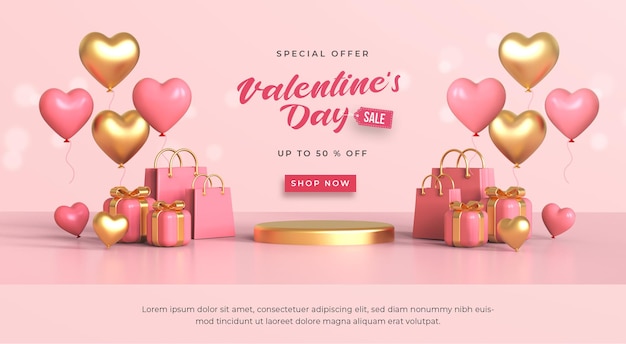 Valentinstag-verkauf-banner-vorlage mit romantischen 3d-valentinsgrußdekorationen