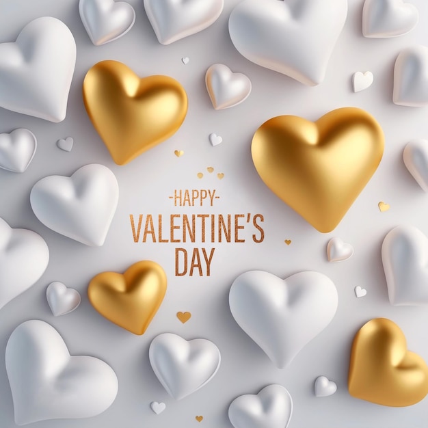 Valentinstag Weiß und Gold mit Herz 3D-Hintergrund-Social-Media-Vorlage
