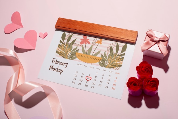 PSD valentinstagskalender-mockup mit geschenkkiste