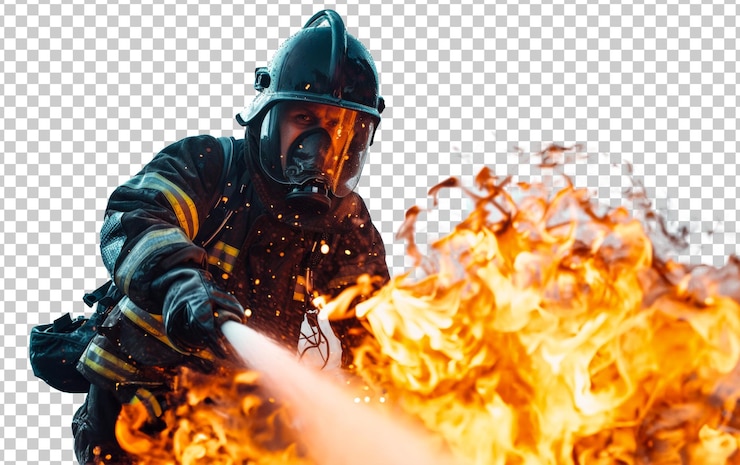 PSD valiente bombero atacando un gran incendio con una manguera de agua aislada sobre un fondo transparente