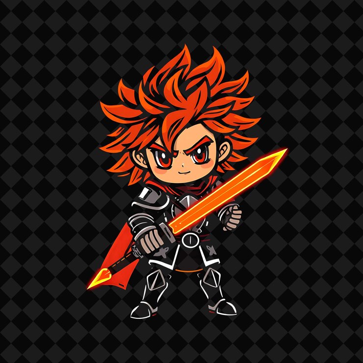 PSD el valiente muchacho de chibi con una melena salvaje de cabello armadura de caballeros espada brillante neón color naranja n