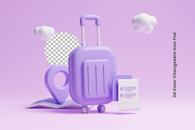 Valigia 3d e elenco dei punti di posizione del viaggio o elenco dei punti del piano di posizione del viaggio 3d e valigia