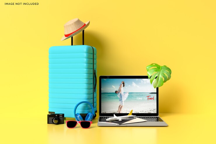 PSD valigia con accessori da viaggio, rendering di elementi di vacanza essenziali