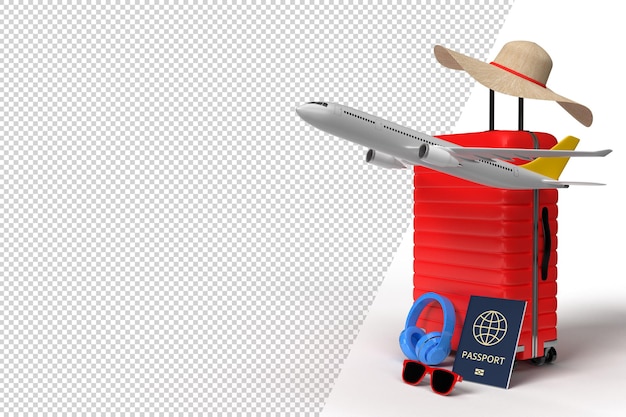 Valigia con accessori per aereo e viaggiatore, articoli essenziali per le vacanze. Avventura e viaggio vacanza viaggio. Modello di viaggio concept design banner mockup. Rendering 3D