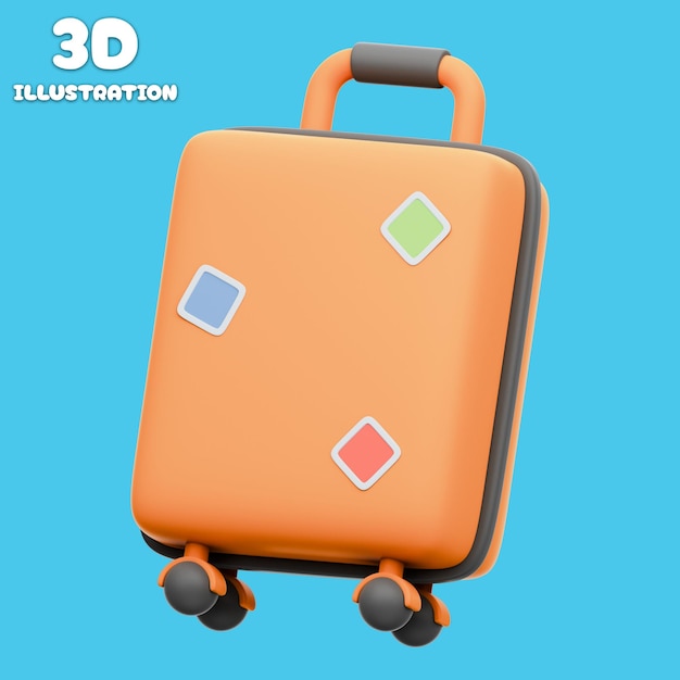 Une valise orange avec des autocollants colorés dans un rendu 3D