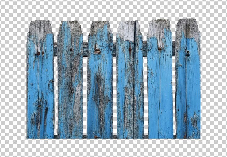 PSD la valla de madera azul desgastada en un entorno rural cortada transparente
