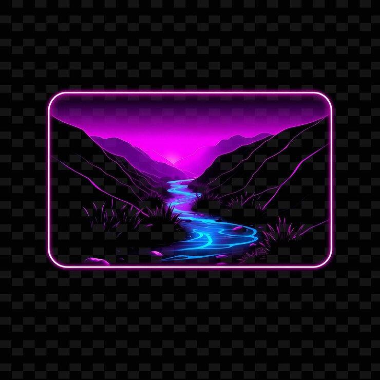 PSD el valle eléctrico del río neon dentro de un paisaje de silueta rectangular tiene orillas sinuosas con brillo