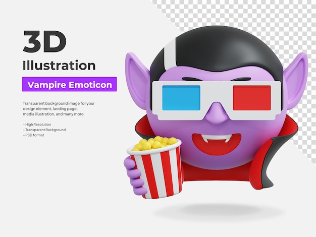 un vampire regardant un film et tenant du popcorn émoticône illustration d'icône 3D