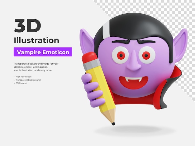 un vampire tenant un crayon émoticône illustration d'icône 3D
