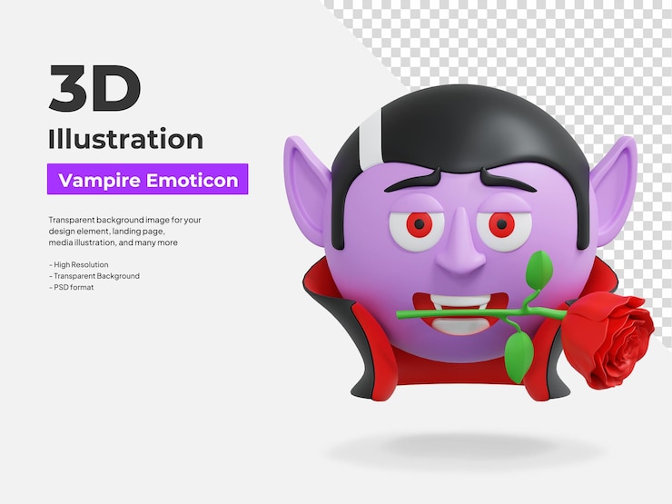 PSD vampiro con una flor de rosa emoticono ilustración de icono en 3d