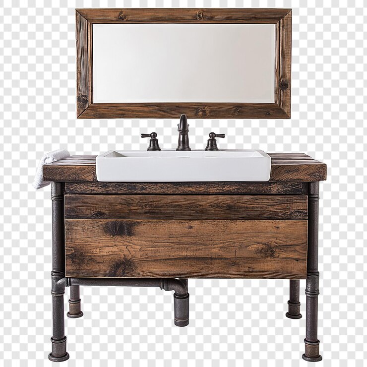 PSD vanidad de baño rústico con espejo