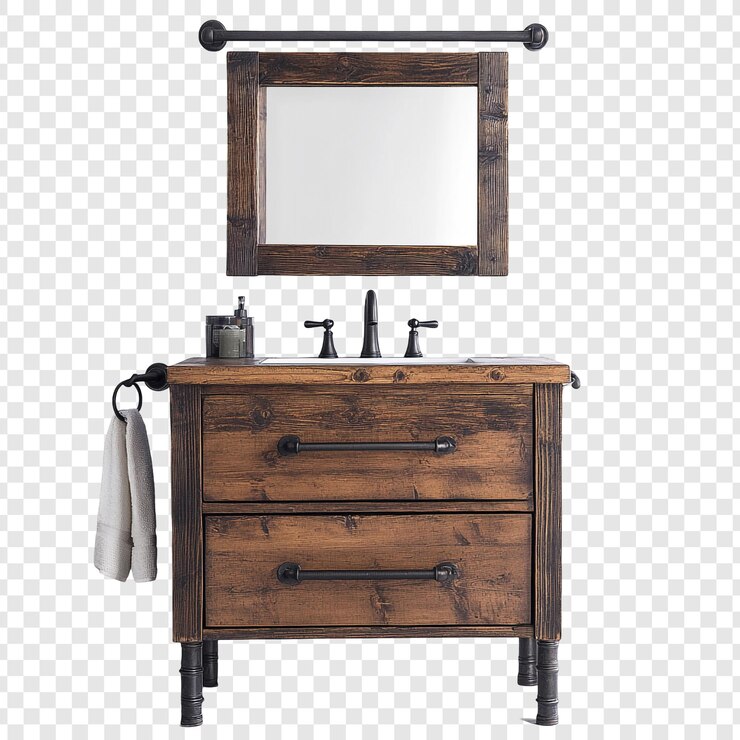 PSD vanidad de baño rústico con espejo