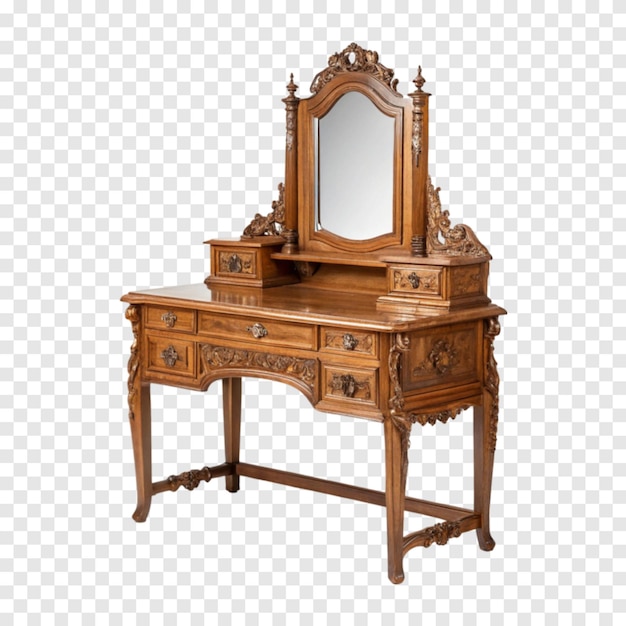 Vanidade de madeira ornamentada com espelho isolado em fundo branco transparente b