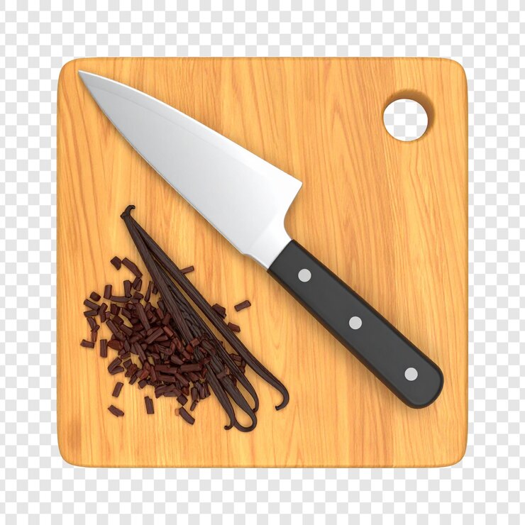PSD vanilla beans and chefs knife on wooden cutting board illustration