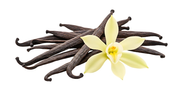 Vanilla beans with a vanilla flower