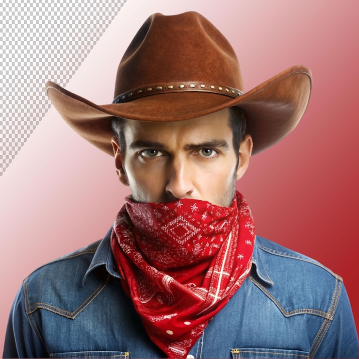 PSD vaquero con bandana roja en un fondo transparente