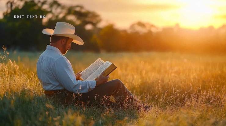 PSD un vaquero leyendo un libro al atardecer en el campo.
