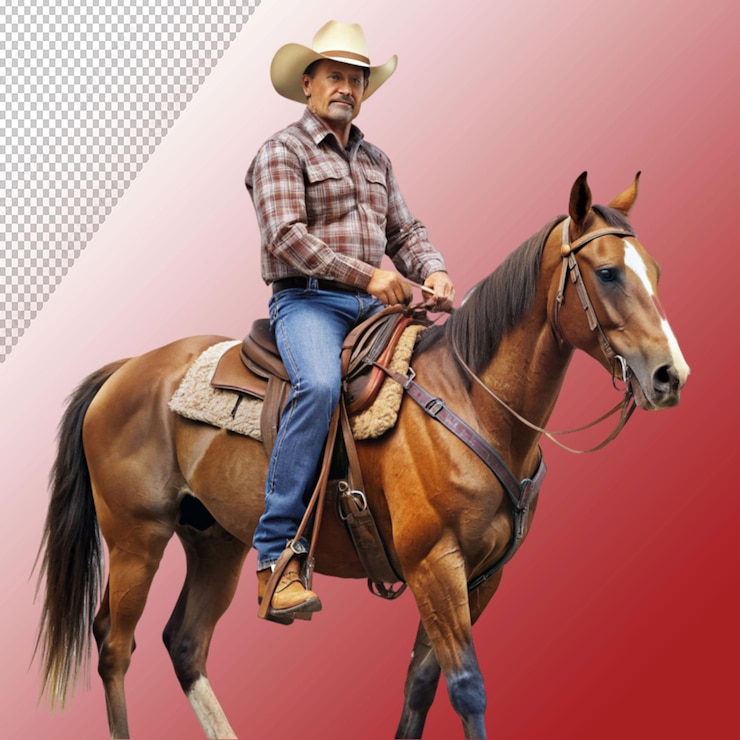 PSD un vaquero relajado montando su caballo aislado en un fondo transparente