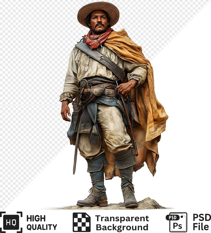 PSD un vaquero robusto de pie con una espada en la mano con una capa rasgada y un sombrero aislado en un fondo transparente