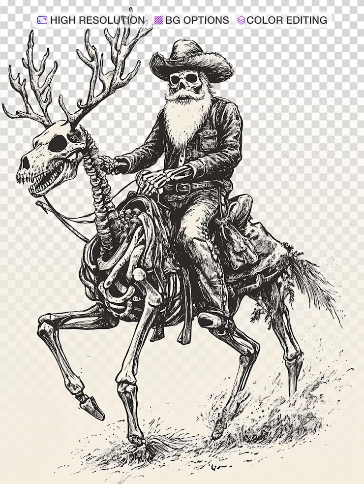 PSD el vaquero de santa skeleton en los renos en el espíritu navideño