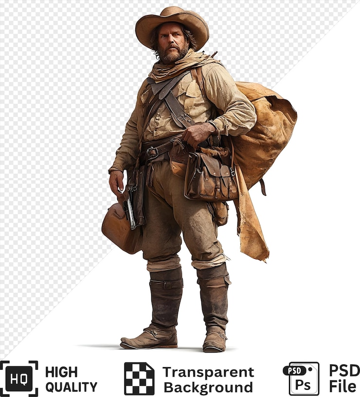 PSD un vaquero solitario con una cara desgastada que lleva suministros y un rifle de pie contra un fondo transparente blanco