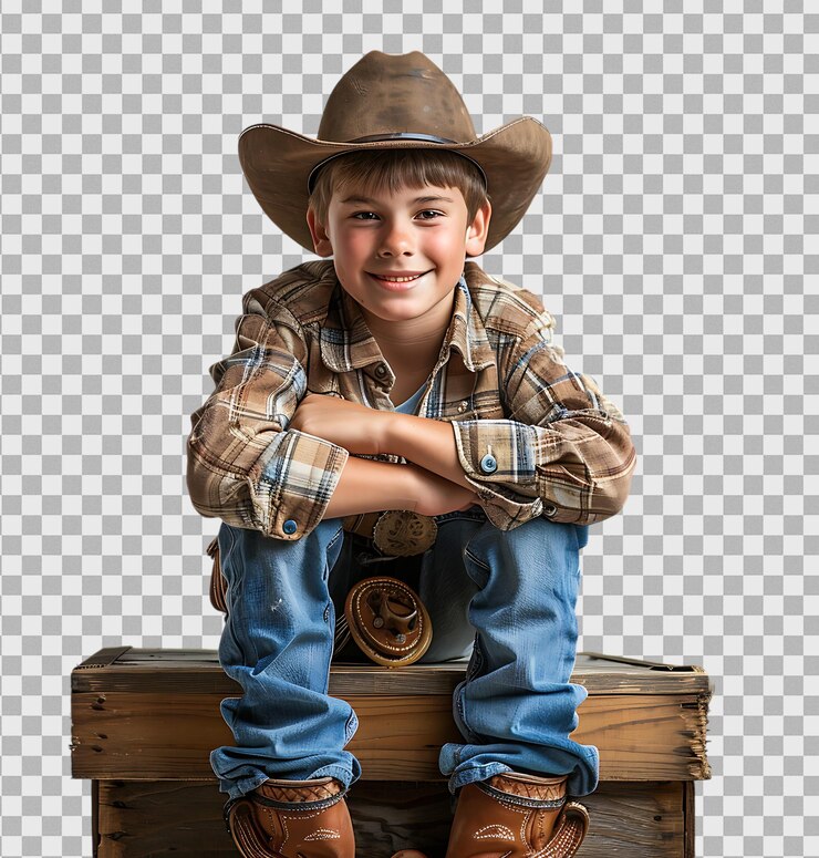 PSD un vaquero sonriente en una caja sobre un fondo transparente