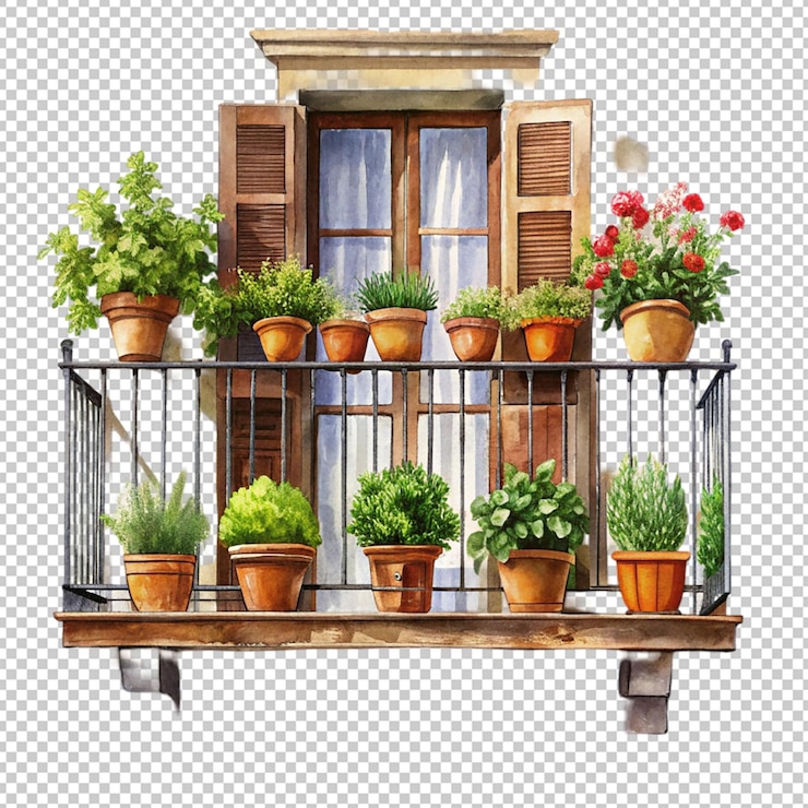 PSD varanda colorida com plantas em vaso em fundo transparente