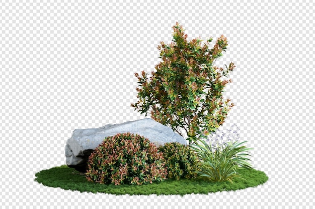 Vari tipi di erba e piante e rocce nel rendering 3d isolati