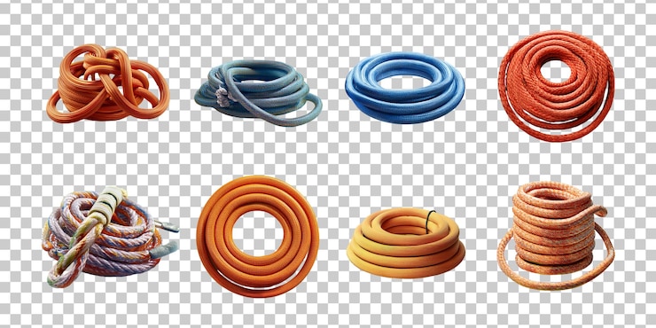 PSD varias cuerdas coloridas y texturizadas en diferentes arreglos ideales para mostrar versatilidad y utilidad en actividades al aire libre e interiores, artesanías y proyectos de bricolaje