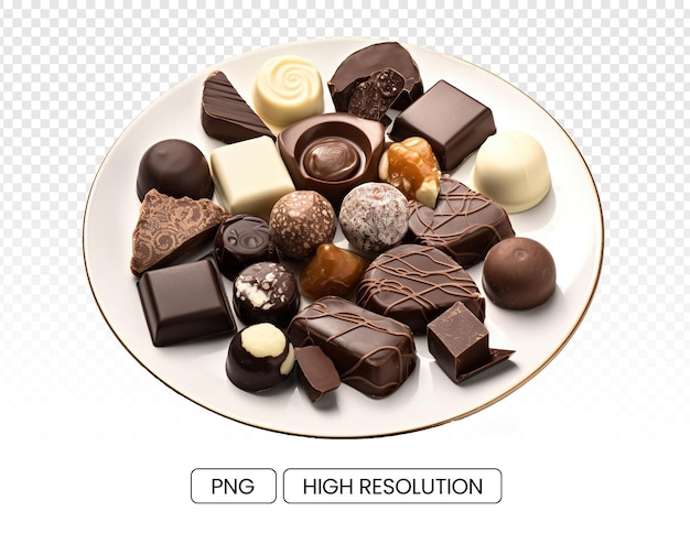 Várias formas de chocolate doce em um prato branco parecem muito deliciosas