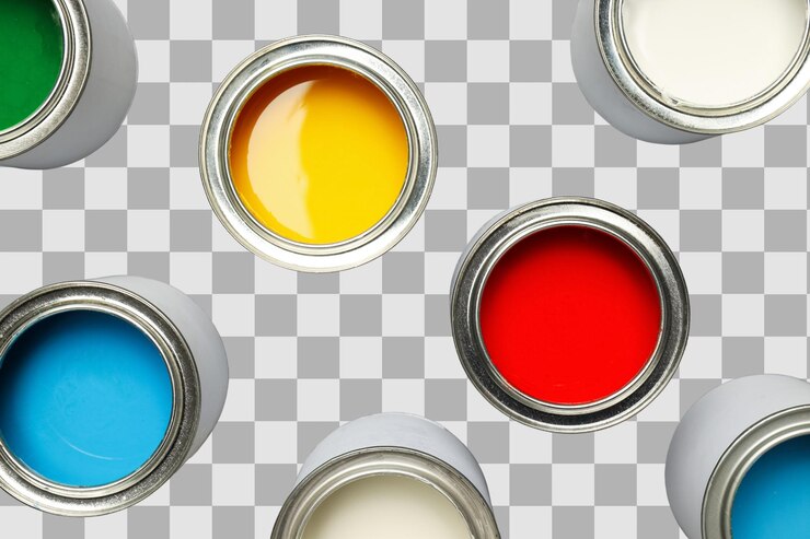 PSD varias latas de pintura muestran colores ricos aislados en png blanco