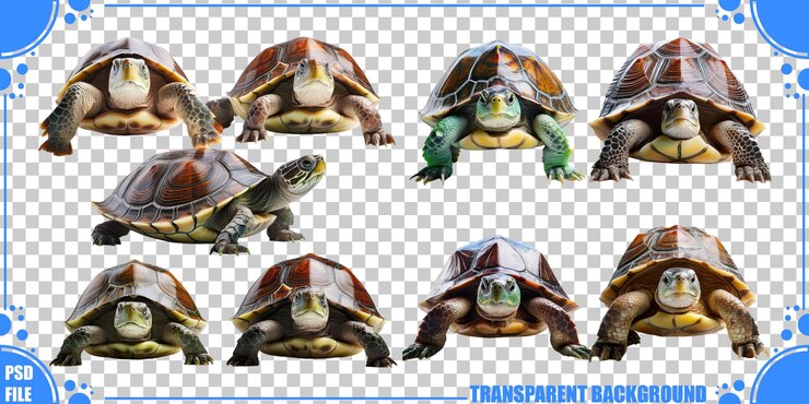 PSD varias tortugas sobre un fondo transparente