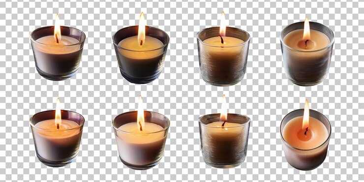 PSD varias velas con llamas parpadeantes en soportes de vidrio