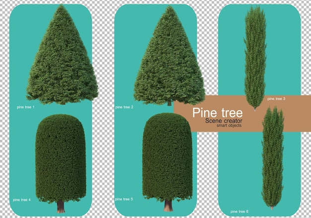 Varie forme di rendering di alberi di pino