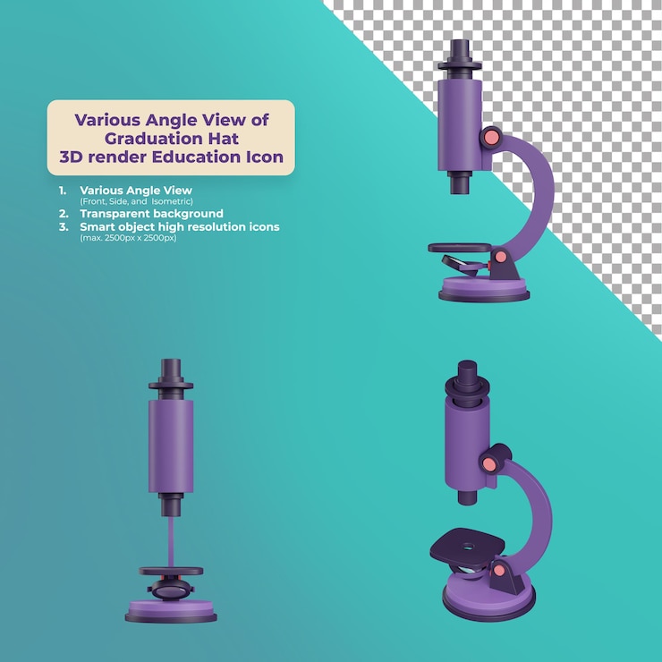 PSD varie icone di educazione del microscopio 3d con vista angolare