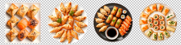 PSD una variedad de albóndigas asiáticas y rollos de sushi aislados en un fondo transparente
