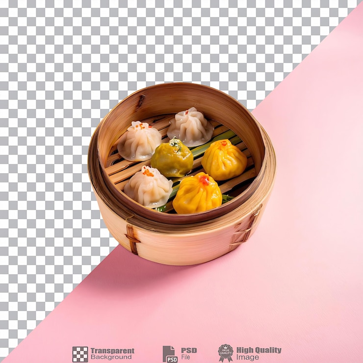 PSD una variedad de albóndigas de colores en un vapor de bambú aislado