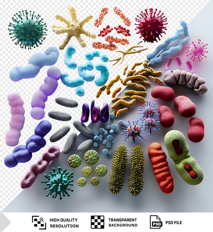 PSD variedad de bacterias y microbios renderizados en 3d aislados sobre un fondo transparente