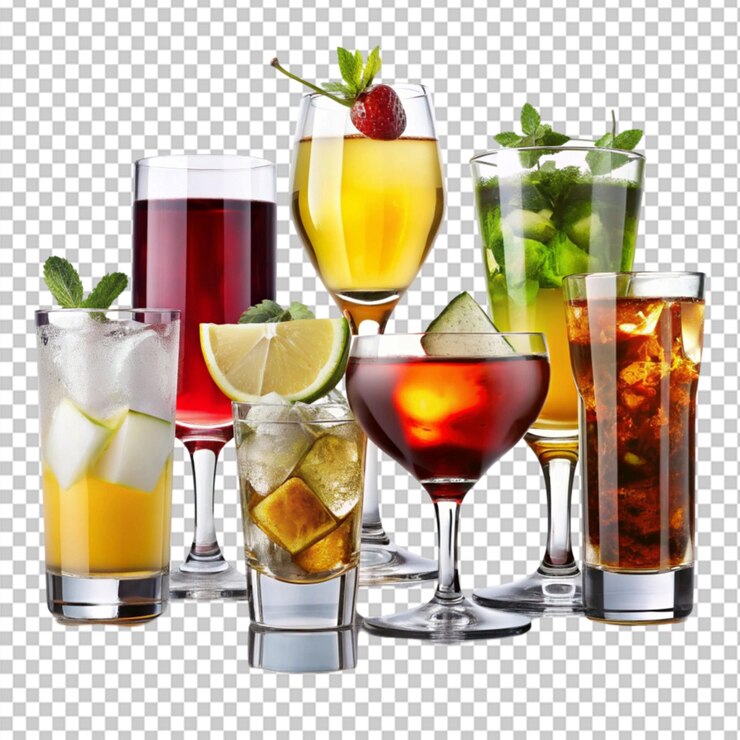PSD variedad de bebidas en vasos sobre un fondo transparente